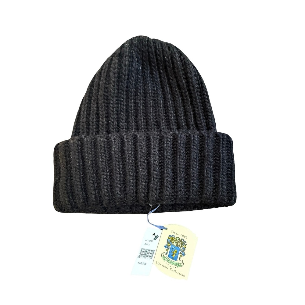 Portolano Signature Collection Black Ribbed Knit Wool Blend Cuffed‎ Beanie Hat